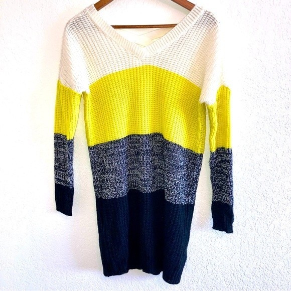 No Comment Color Block Cream Yellow Black Cable Knit Sweater Tunic Size Medium - Picture 1 of 4